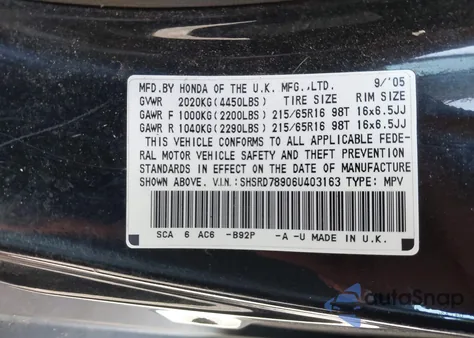 2006 Honda Cr-V Se from USA, damaged, VIN SHSRD78906U403163